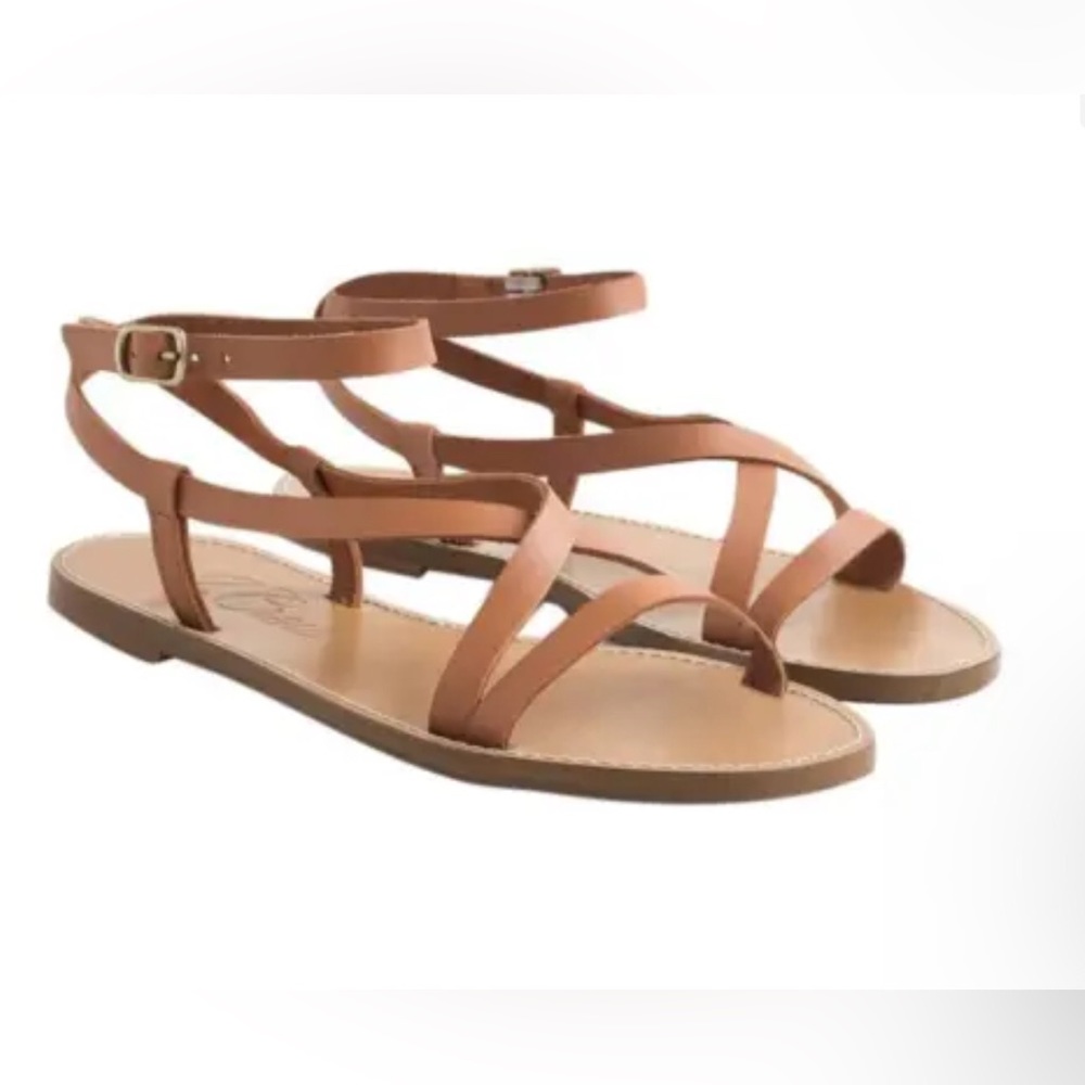 J. Crew Vachetta Brown Tan 100% Leather Buckle Strappy Flat Sandal Size …